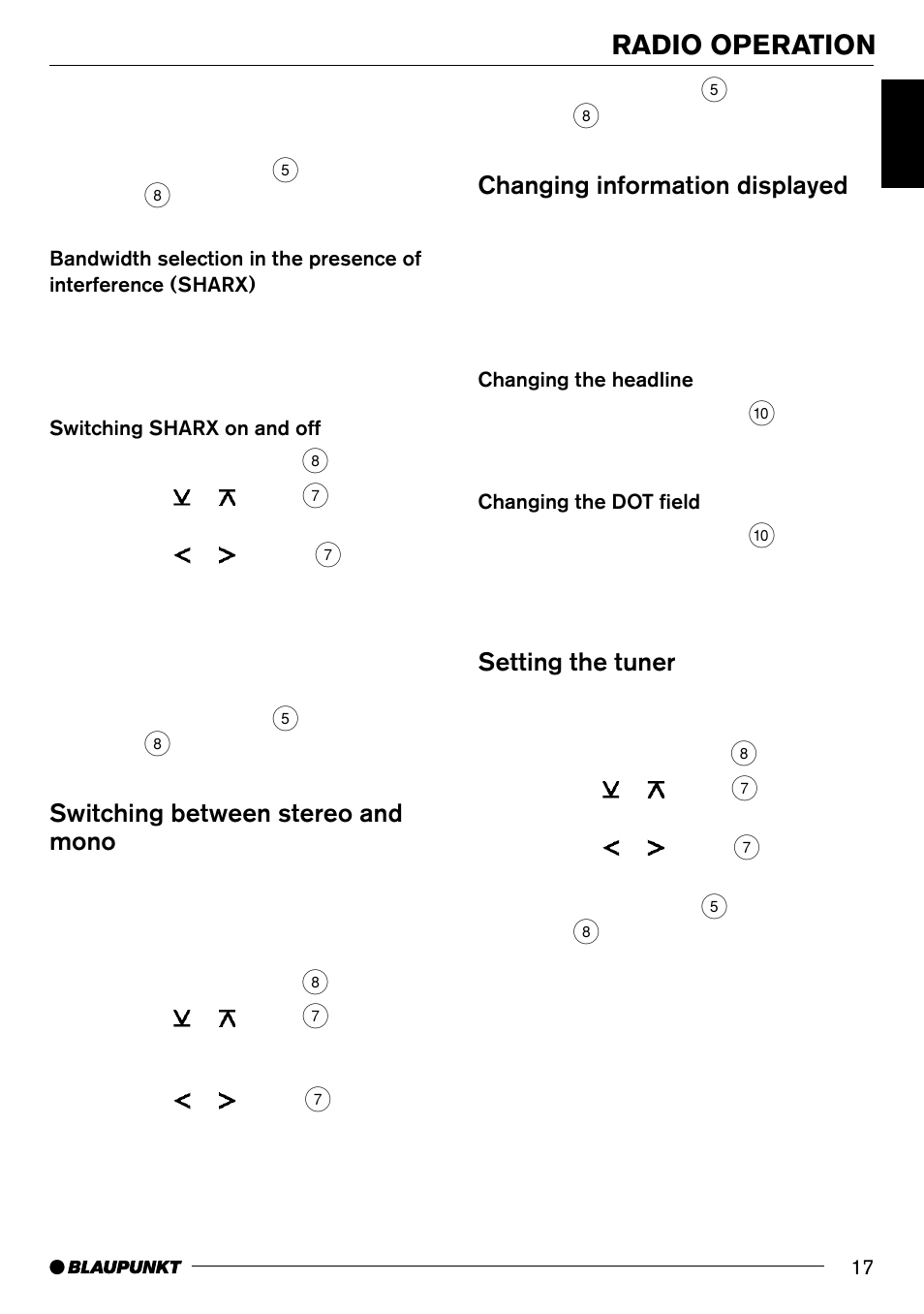 Radio operation, Switching between stereo and mono, Changing information displayed | Setting the tuner | Blaupunkt LOS ANGELES MP71 User Manual | Page 17 / 31