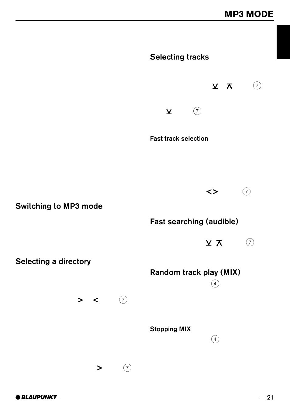 Mp3 mode, Switching to mp3 mode, Selecting a directory | Selecting tracks, Fast searching (audible), Random track play (mix) | Blaupunkt LOS ANGELES MP71 User Manual | Page 21 / 31