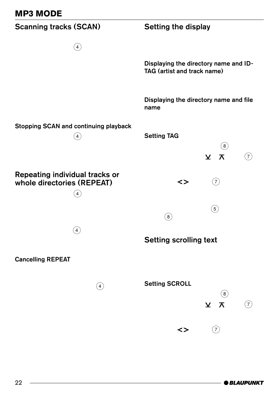 Mp3 mode, Scanning tracks (scan), Setting the display | Setting scrolling text | Blaupunkt LOS ANGELES MP71 User Manual | Page 22 / 31