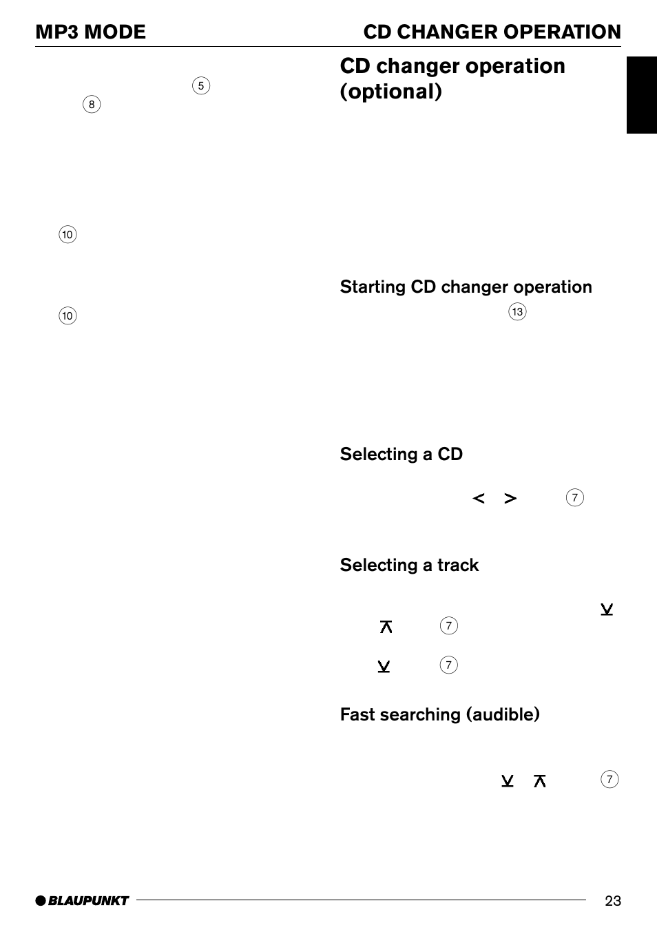 Cd changer operation (optional), Cd changer operation mp3 mode, Starting cd changer operation | Selecting a cd, Selecting a track, Fast searching (audible) | Blaupunkt LOS ANGELES MP71 User Manual | Page 23 / 31