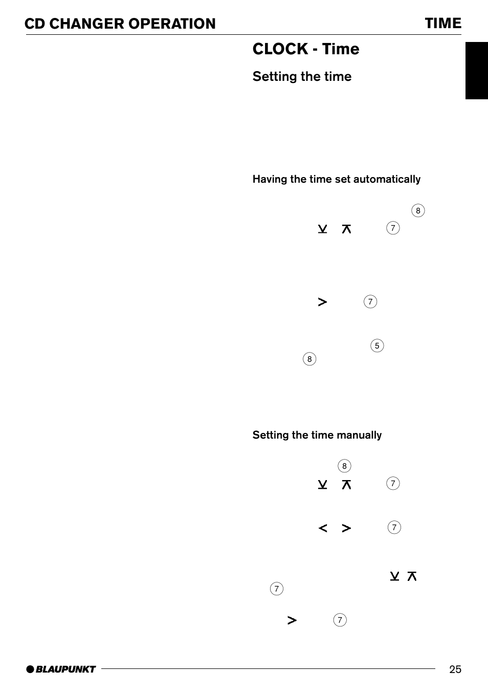 Clock - time, Time, Cd changer operation | Setting the time | Blaupunkt LOS ANGELES MP71 User Manual | Page 25 / 31