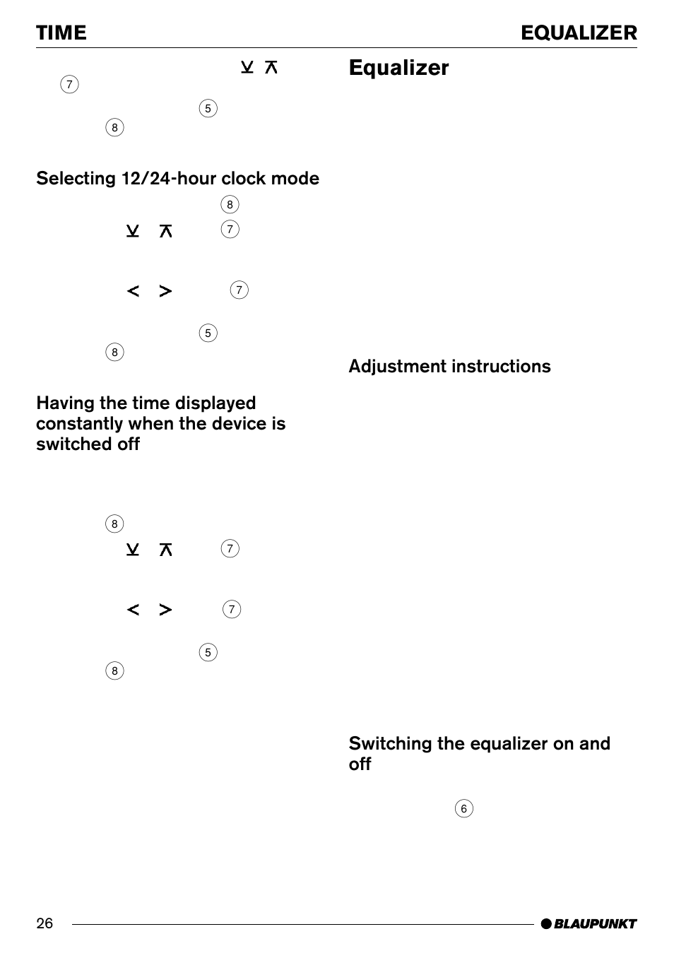 Equalizer, Equalizer time, Selecting 12/24-hour clock mode | Adjustment instructions, Switching the equalizer on and off | Blaupunkt LOS ANGELES MP71 User Manual | Page 26 / 31