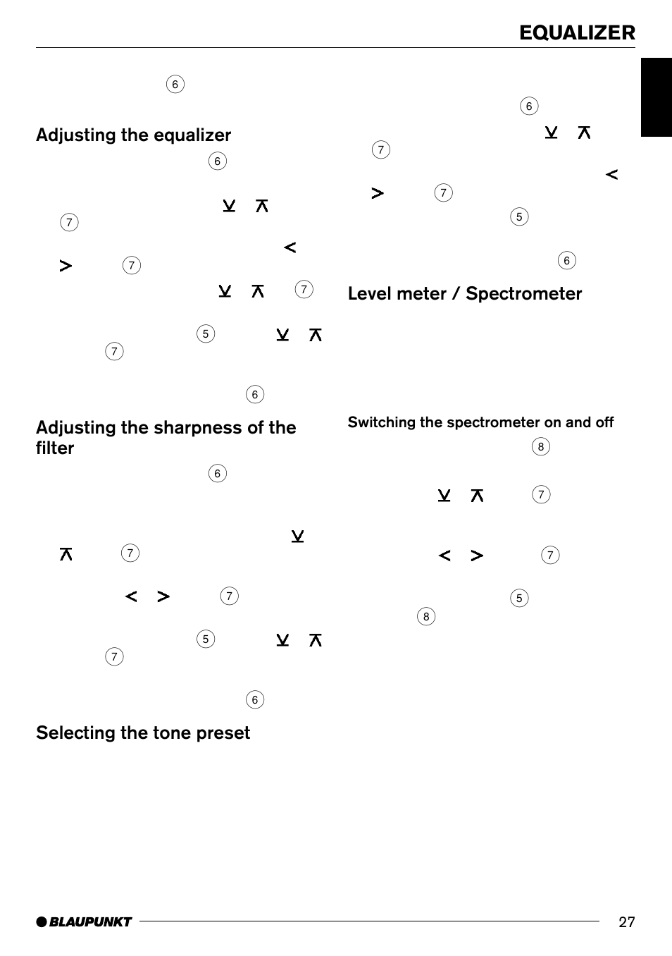 Equalizer, Adjusting the equalizer, Adjusting the sharpness of the filter | Selecting the tone preset, Level meter / spectrometer | Blaupunkt LOS ANGELES MP71 User Manual | Page 27 / 31