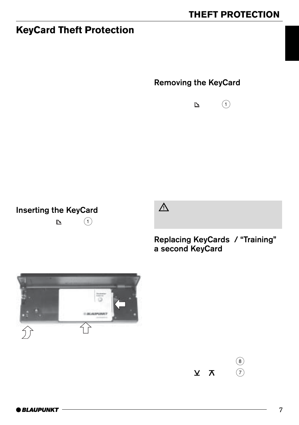 Keycard theft protection, Theft protection, Removing the keycard | Replacing keycards / “training” a second keycard, Inserting the keycard | Blaupunkt LOS ANGELES MP71 User Manual | Page 7 / 31