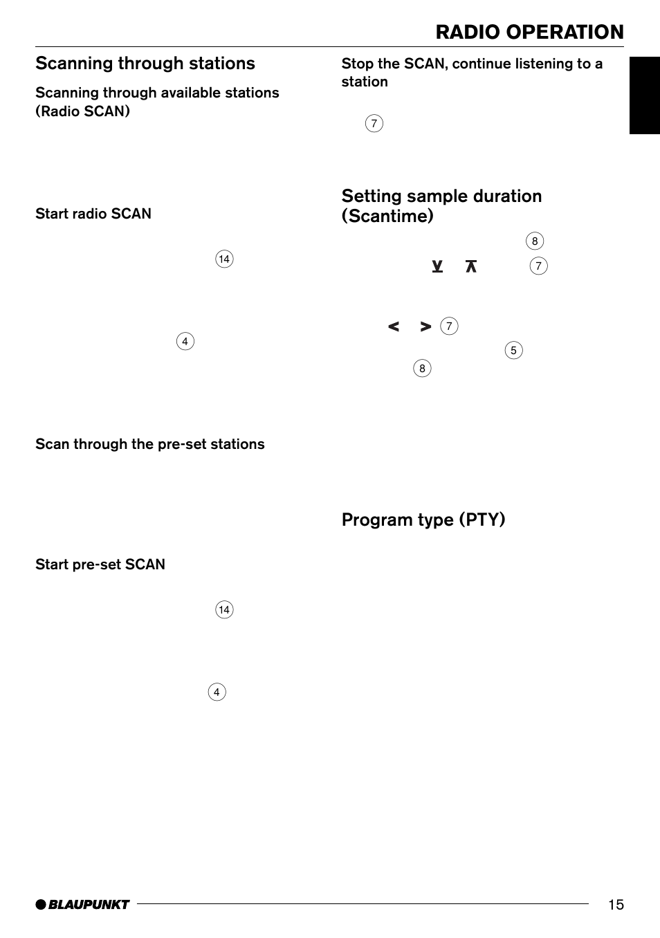 Radio operation, Scanning through stations, Setting sample duration (scantime) | Program type (pty) | Blaupunkt New Orleans MD70 User Manual | Page 15 / 29