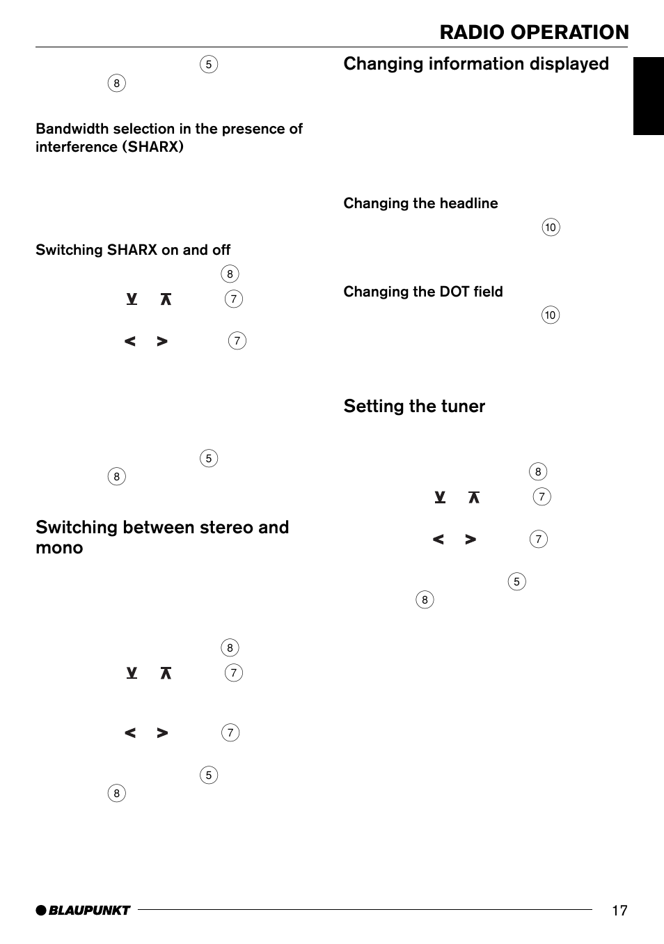 Radio operation, Switching between stereo and mono, Changing information displayed | Setting the tuner | Blaupunkt New Orleans MD70 User Manual | Page 17 / 29