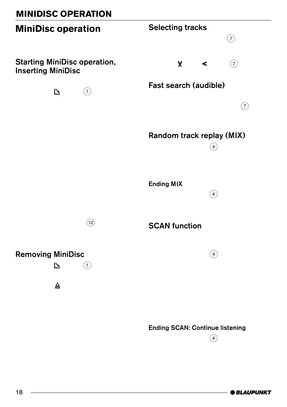 Minidisc operation, Selecting tracks, Fast search (audible) | Random track replay (mix), Scan function, Starting minidisc operation, inserting minidisc, Removing minidisc | Blaupunkt New Orleans MD70 User Manual | Page 18 / 29