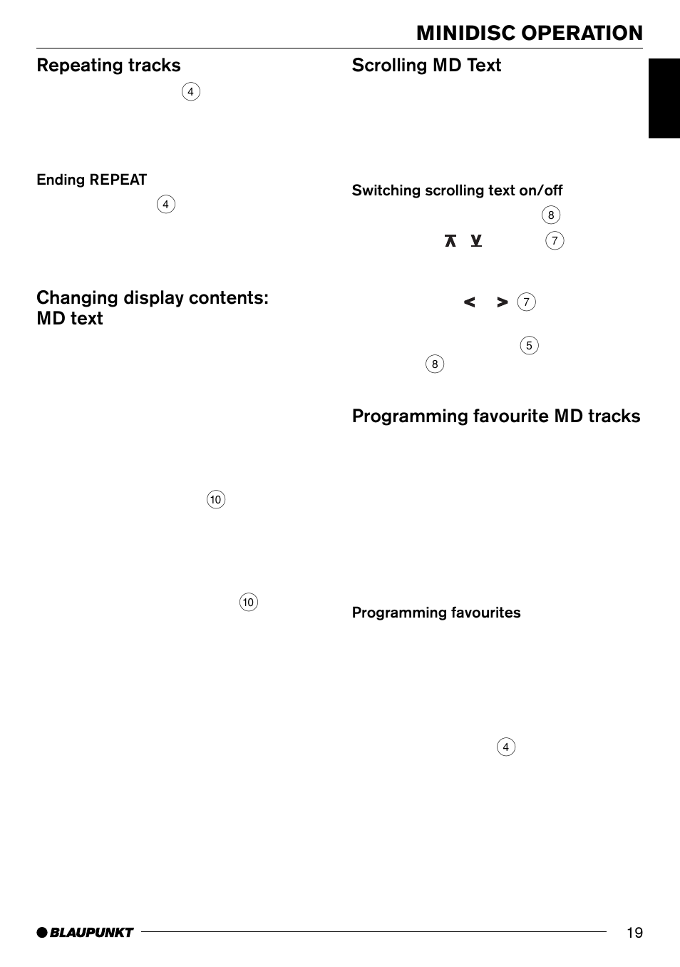 Minidisc operation, Repeating tracks, Changing display contents: md text | Scrolling md text, Programming favourite md tracks | Blaupunkt New Orleans MD70 User Manual | Page 19 / 29