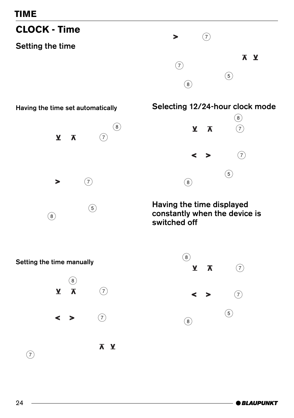 Clock - time, Time, Setting the time | Selecting 12/24-hour clock mode | Blaupunkt New Orleans MD70 User Manual | Page 24 / 29