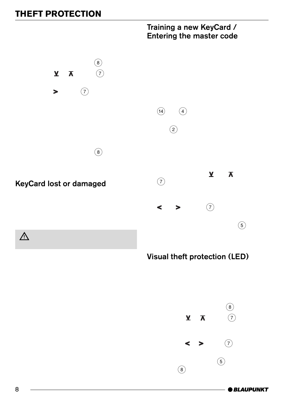 Theft protection, Keycard lost or damaged, Training a new keycard / entering the master code | Visual theft protection (led) | Blaupunkt New Orleans MD70 User Manual | Page 8 / 29