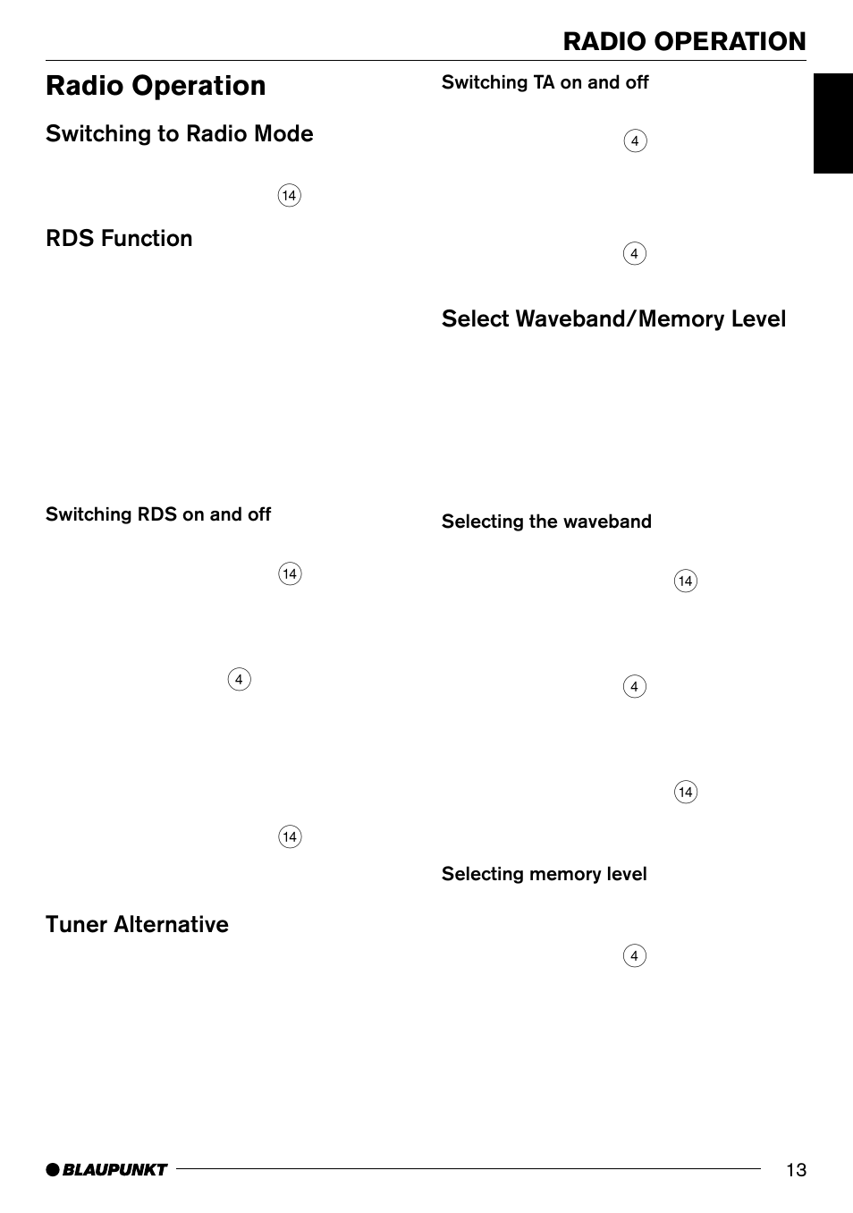 Radio operation, Switching to radio mode, Rds function | Tuner alternative | Blaupunkt MD70 User Manual | Page 12 / 28