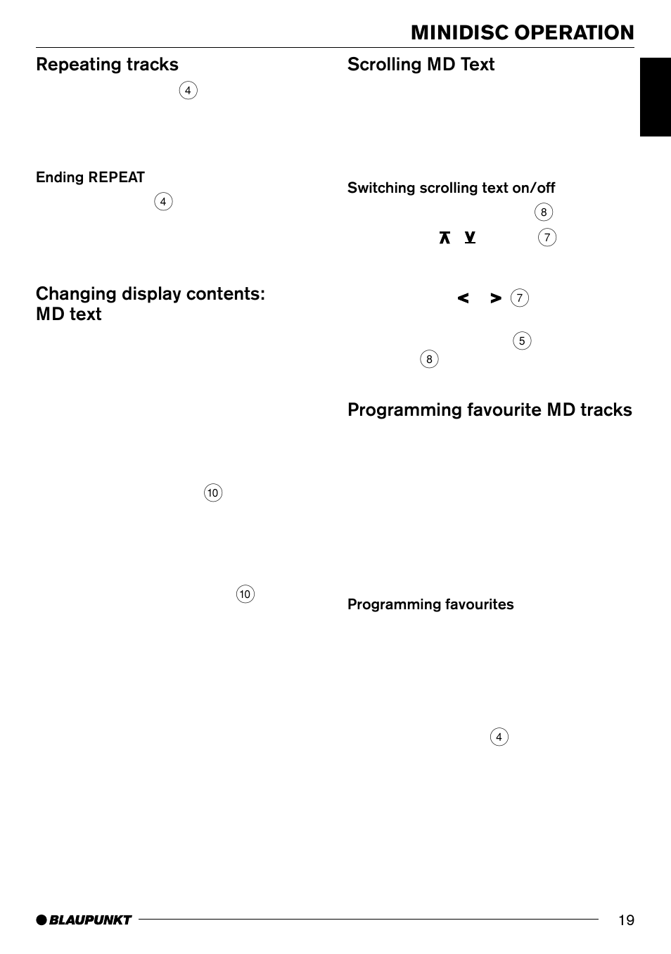 Minidisc operation, Repeating tracks, Changing display contents: md text | Scrolling md text, Programming favourite md tracks | Blaupunkt MD70 User Manual | Page 18 / 28