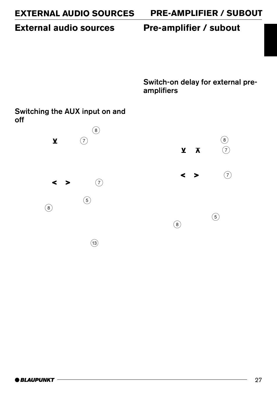 External audio sources, Pre-amplifier / subout, Switching the aux input on and off | Switch-on delay for external pre- amplifiers | Blaupunkt MD70 User Manual | Page 26 / 28