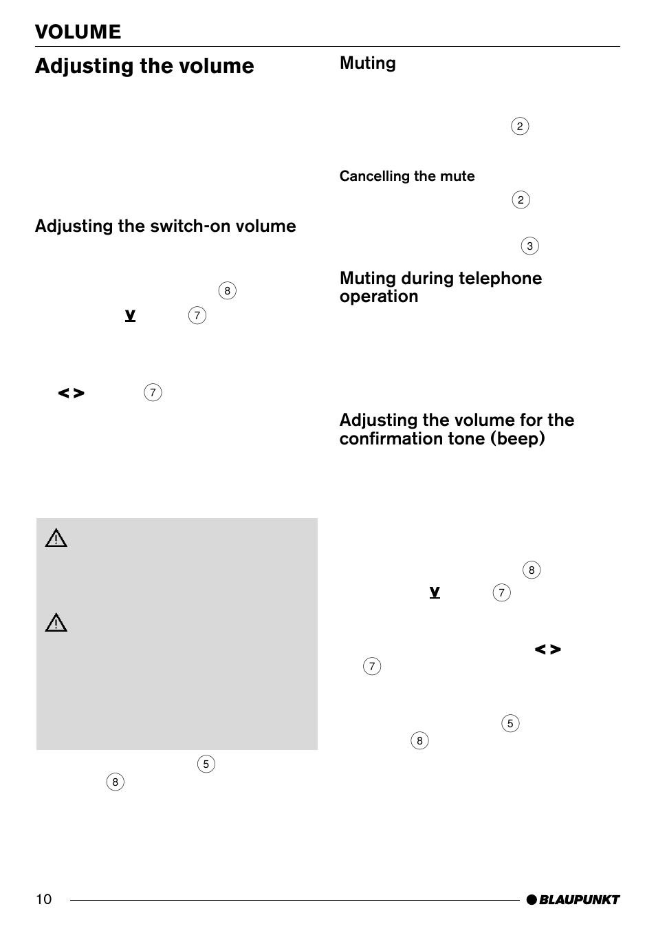 Adjusting the volume, Volume, Adjusting the switch-on volume | Muting, Muting during telephone operation | Blaupunkt MD70 User Manual | Page 9 / 28