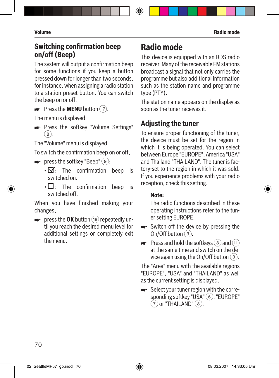 Radio mode, Switching conﬁ rmation beep on/off (beep), Adjusting the tuner | Blaupunkt SEATTLE MP57 7 647 453 310 User Manual | Page 16 / 55