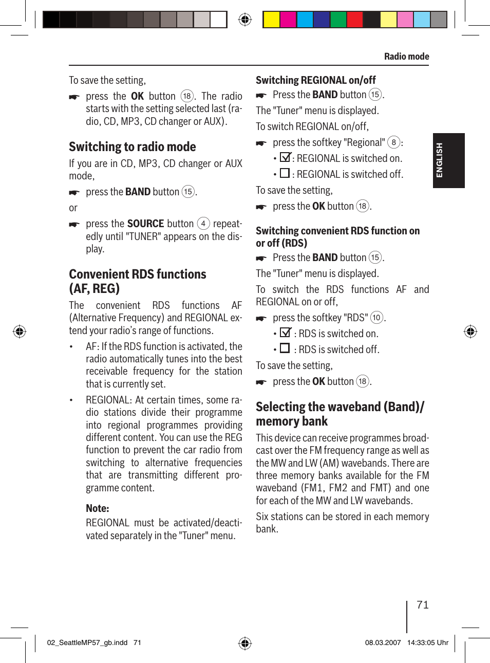 Switching to radio mode, Convenient rds functions (af, reg) | Blaupunkt SEATTLE MP57 7 647 453 310 User Manual | Page 17 / 55