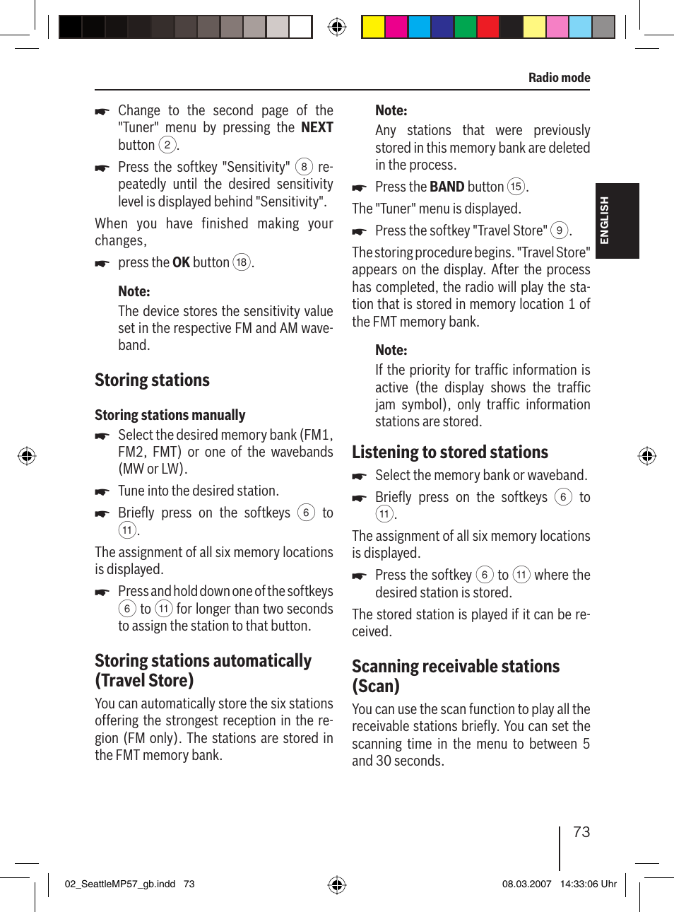 Storing stations, Storing stations automatically ( travel store), Listening to stored stations | Scanning receivable stations ( scan) | Blaupunkt SEATTLE MP57 7 647 453 310 User Manual | Page 19 / 55