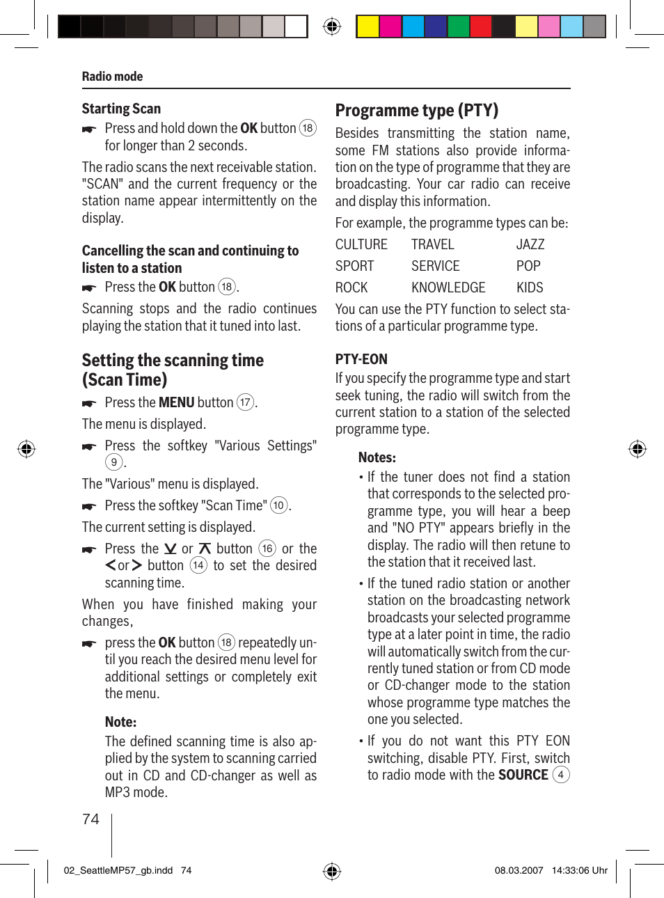 Setting the scanning time (scan time), Programme type (pty) | Blaupunkt SEATTLE MP57 7 647 453 310 User Manual | Page 20 / 55