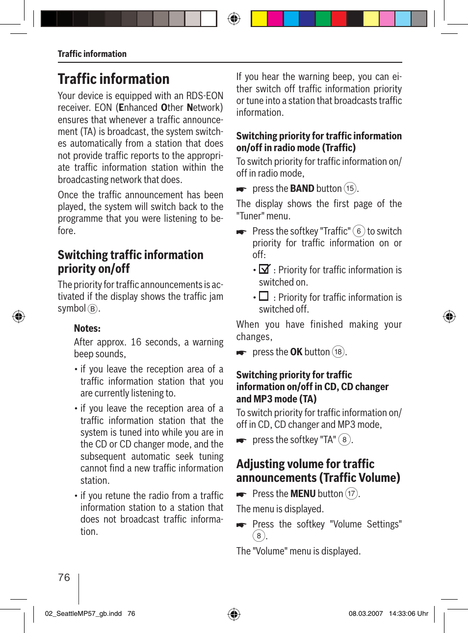 Trafﬁ c information, Switching trafﬁ c information priority on/off | Blaupunkt SEATTLE MP57 7 647 453 310 User Manual | Page 22 / 55