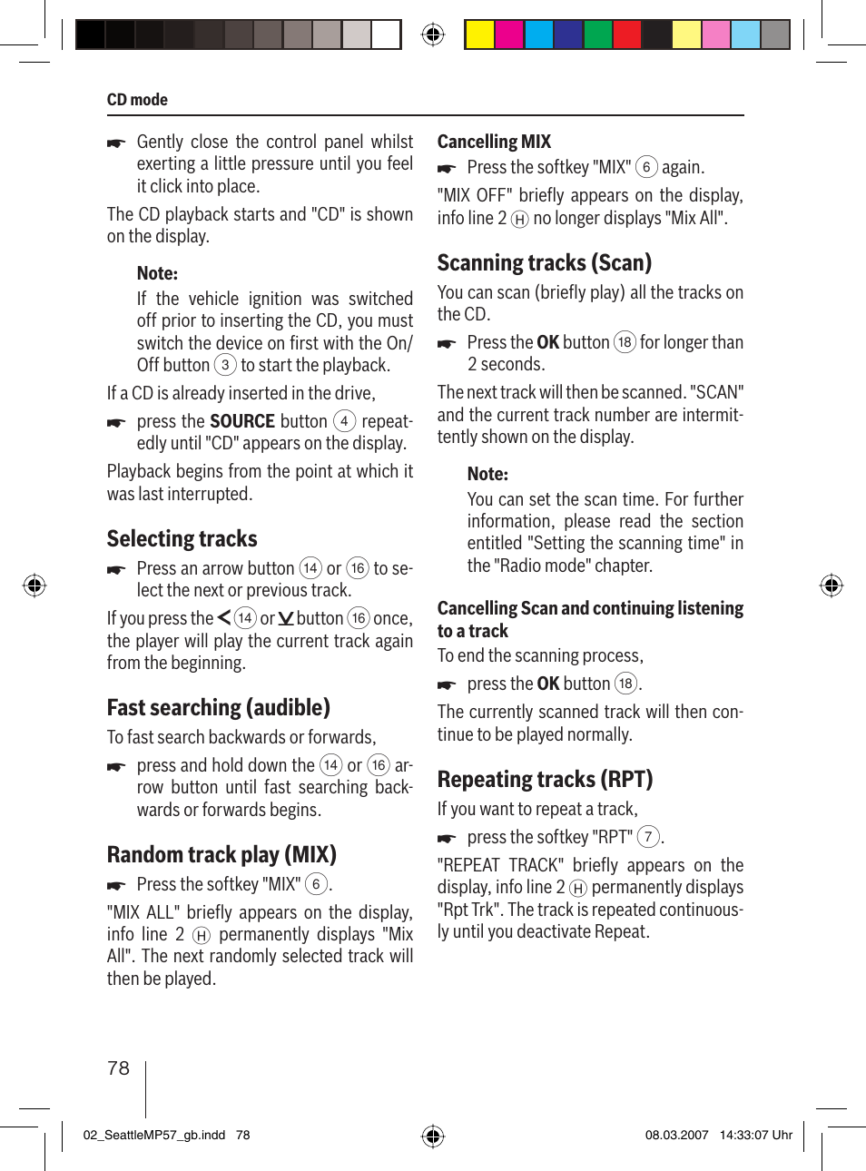 Selecting tracks, Fast searching (audible), Random track play (mix) | Scanning tracks ( scan), Repeating tracks (rpt) | Blaupunkt SEATTLE MP57 7 647 453 310 User Manual | Page 24 / 55