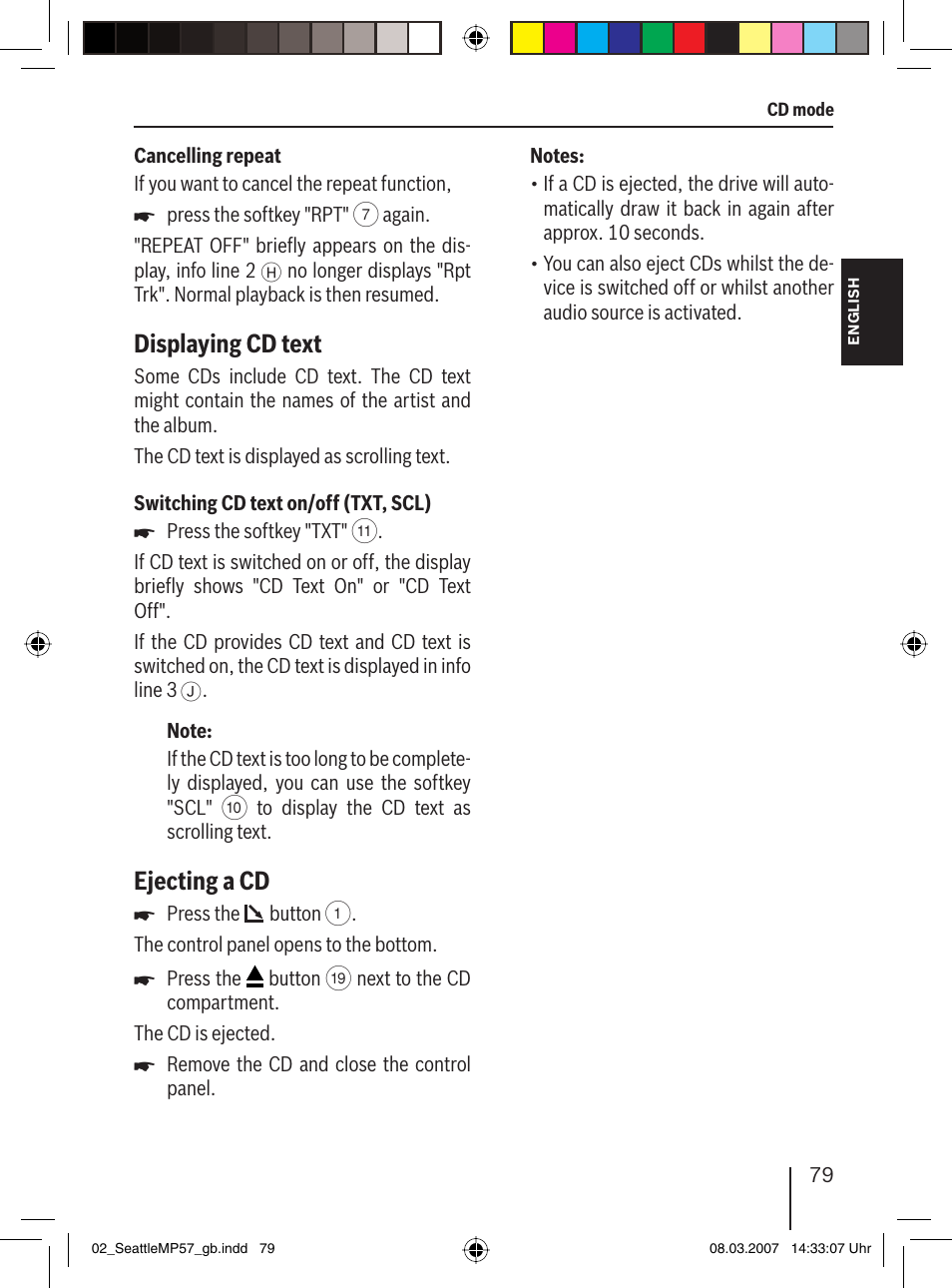 Displaying cd text, Ejecting a cd | Blaupunkt SEATTLE MP57 7 647 453 310 User Manual | Page 25 / 55