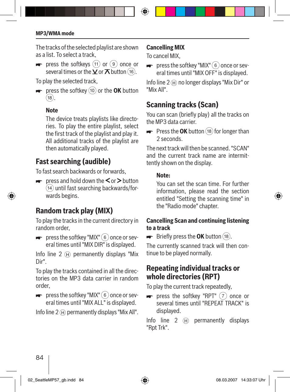 Fast searching (audible), Random track play (mix), Scanning tracks ( scan) | Blaupunkt SEATTLE MP57 7 647 453 310 User Manual | Page 30 / 55