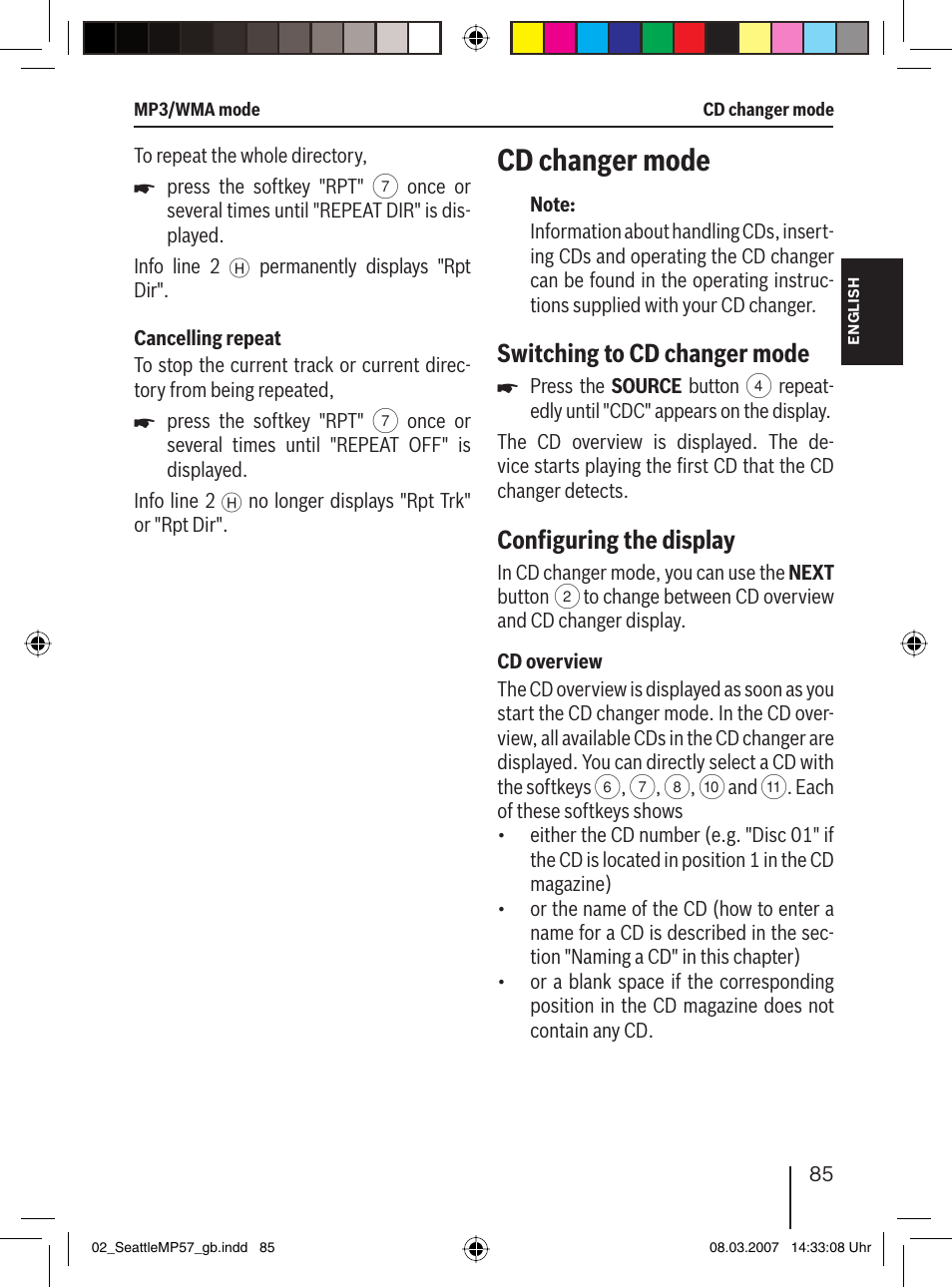 Cd changer mode, Switching to cd changer mode, Conﬁ guring the display | Blaupunkt SEATTLE MP57 7 647 453 310 User Manual | Page 31 / 55