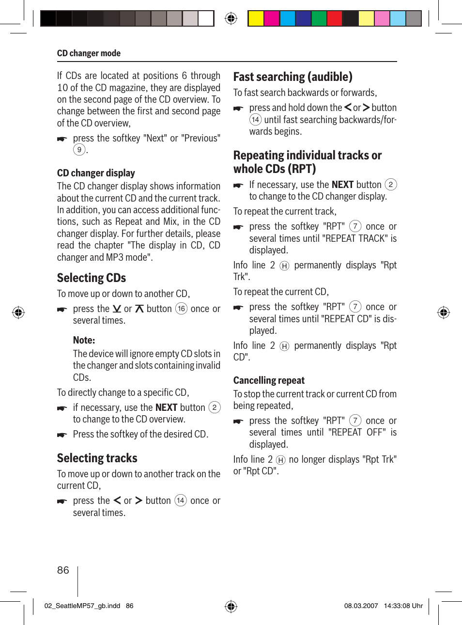 Selecting cds, Selecting tracks, Fast searching (audible) | Repeating individual tracks or whole cds (rpt) | Blaupunkt SEATTLE MP57 7 647 453 310 User Manual | Page 32 / 55