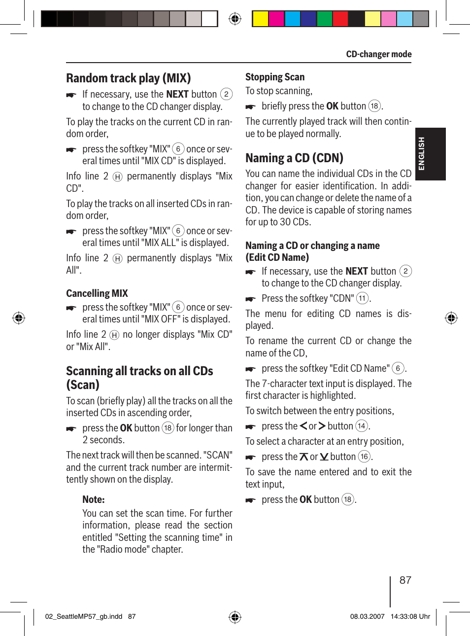 Random track play (mix), Scanning all tracks on all cds ( scan), Naming a cd (cdn) | Blaupunkt SEATTLE MP57 7 647 453 310 User Manual | Page 33 / 55