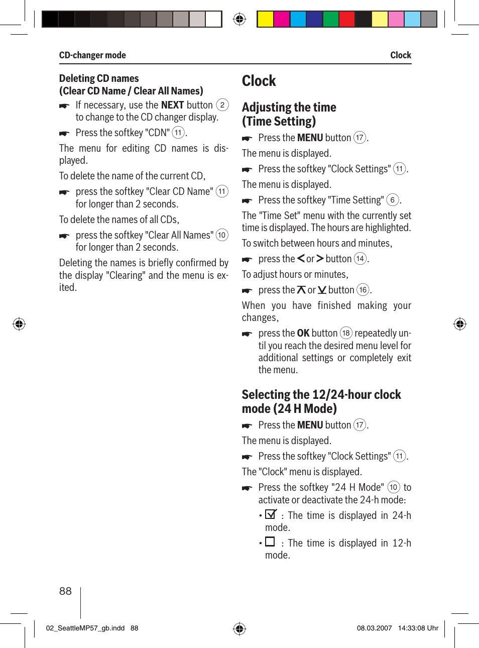 Clock, Adjusting the time (time setting) | Blaupunkt SEATTLE MP57 7 647 453 310 User Manual | Page 34 / 55