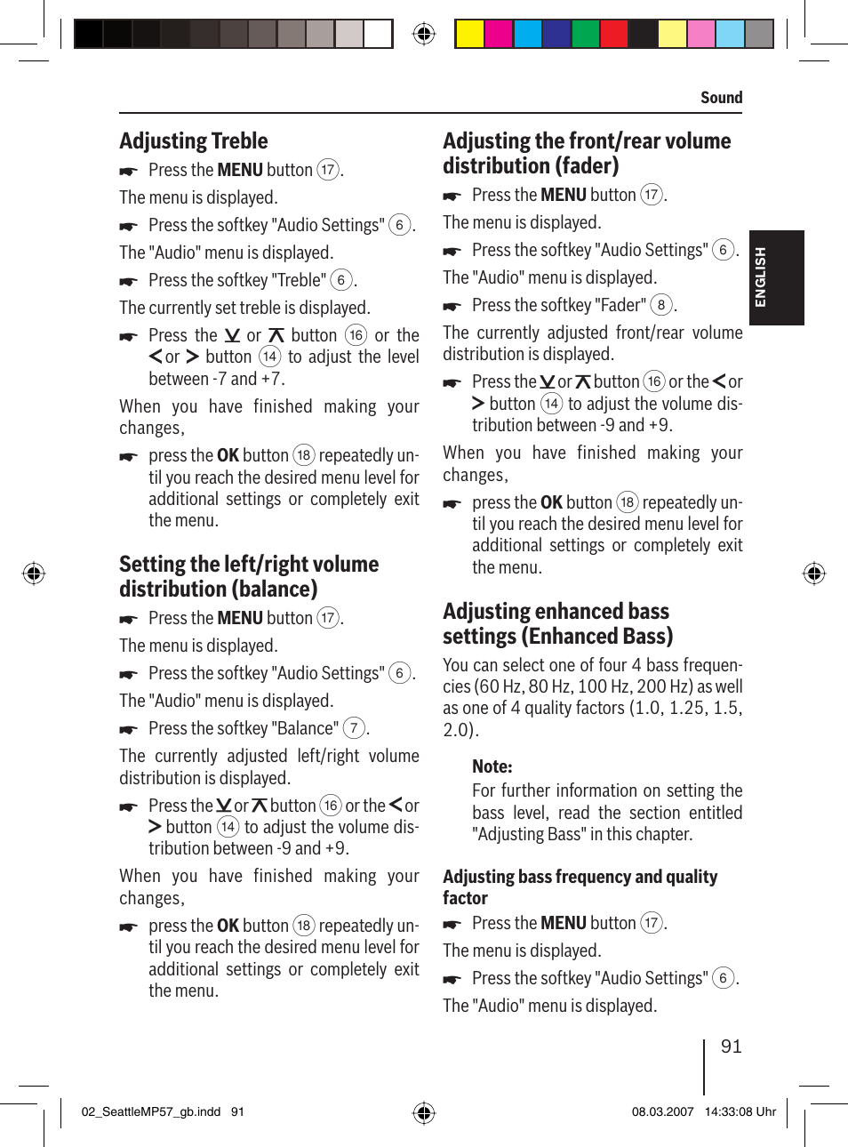 Adjusting treble, Adjusting enhanced bass settings (enhanced bass) | Blaupunkt SEATTLE MP57 7 647 453 310 User Manual | Page 37 / 55