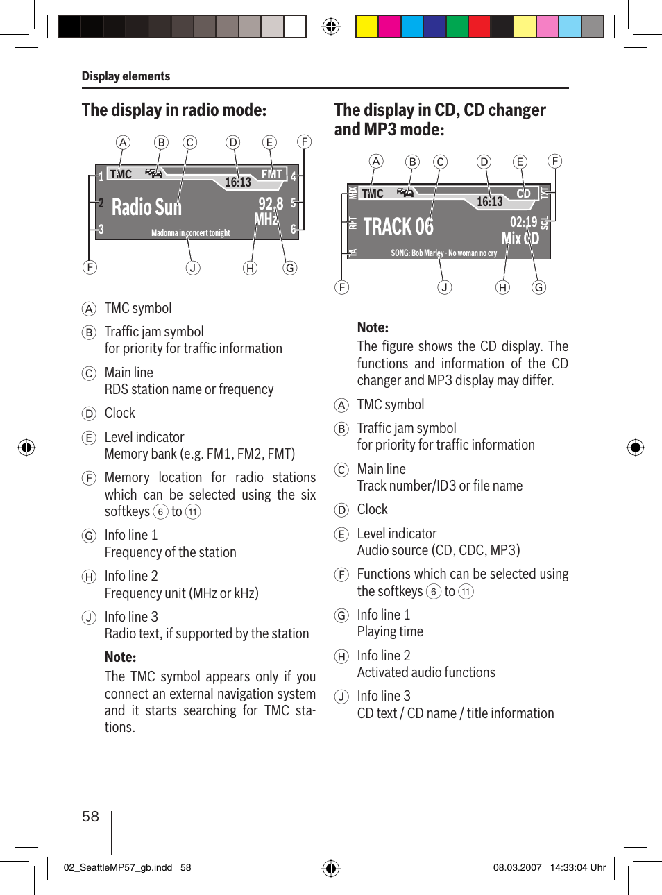 Radio sun, Track 06, The display in radio mode | The display in cd, cd changer and mp3 mode, 92,8 mhz, Mix cd | Blaupunkt SEATTLE MP57 7 647 453 310 User Manual | Page 4 / 55
