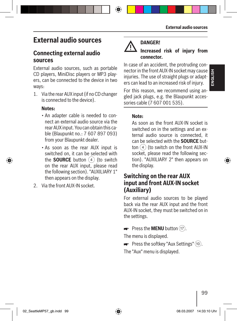 External audio sources, Connecting external audio sources | Blaupunkt SEATTLE MP57 7 647 453 310 User Manual | Page 45 / 55