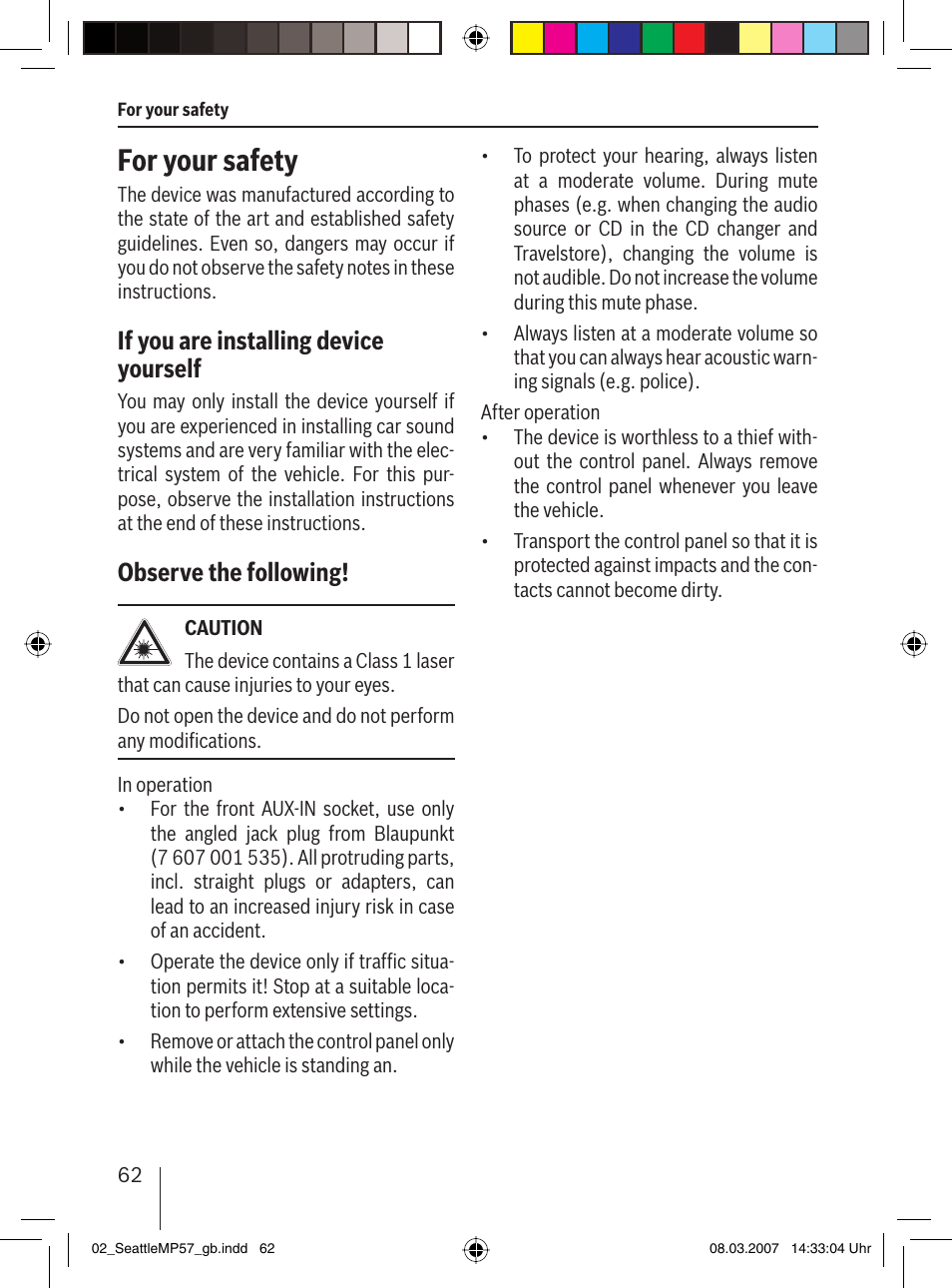 For your safety, If you are installing device yourself, Observe the following | Blaupunkt SEATTLE MP57 7 647 453 310 User Manual | Page 8 / 55