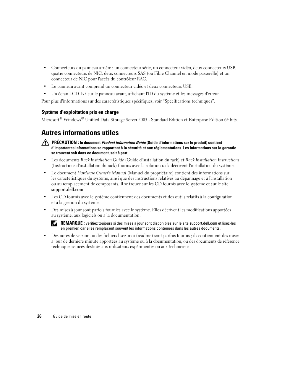 Système d'exploitation pris en charge, Autres informations utiles | Dell PowerVault NX1950 User Manual | Page 28 / 106