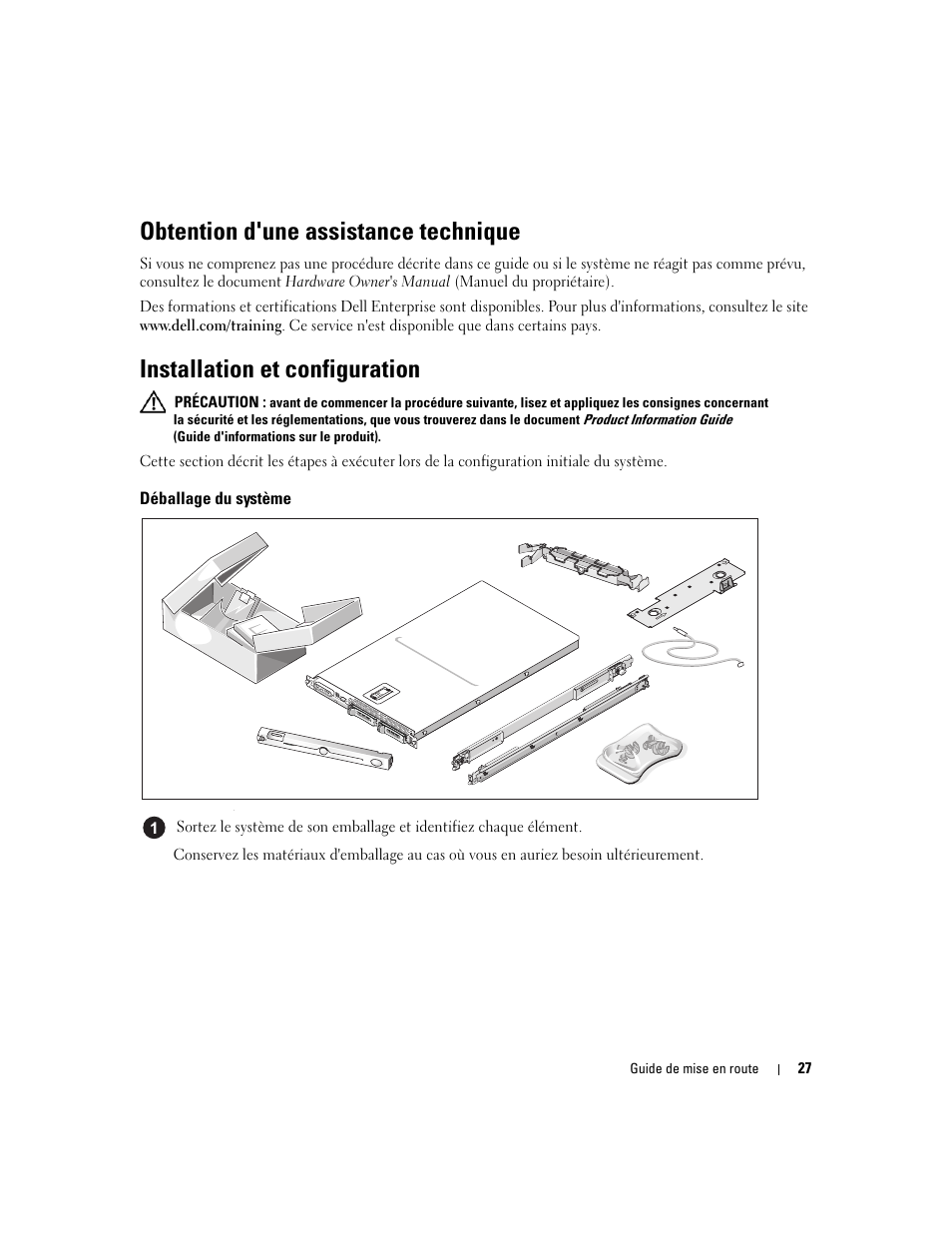 Obtention d'une assistance technique, Installation et configuration, Déballage du système | Dell PowerVault NX1950 User Manual | Page 29 / 106