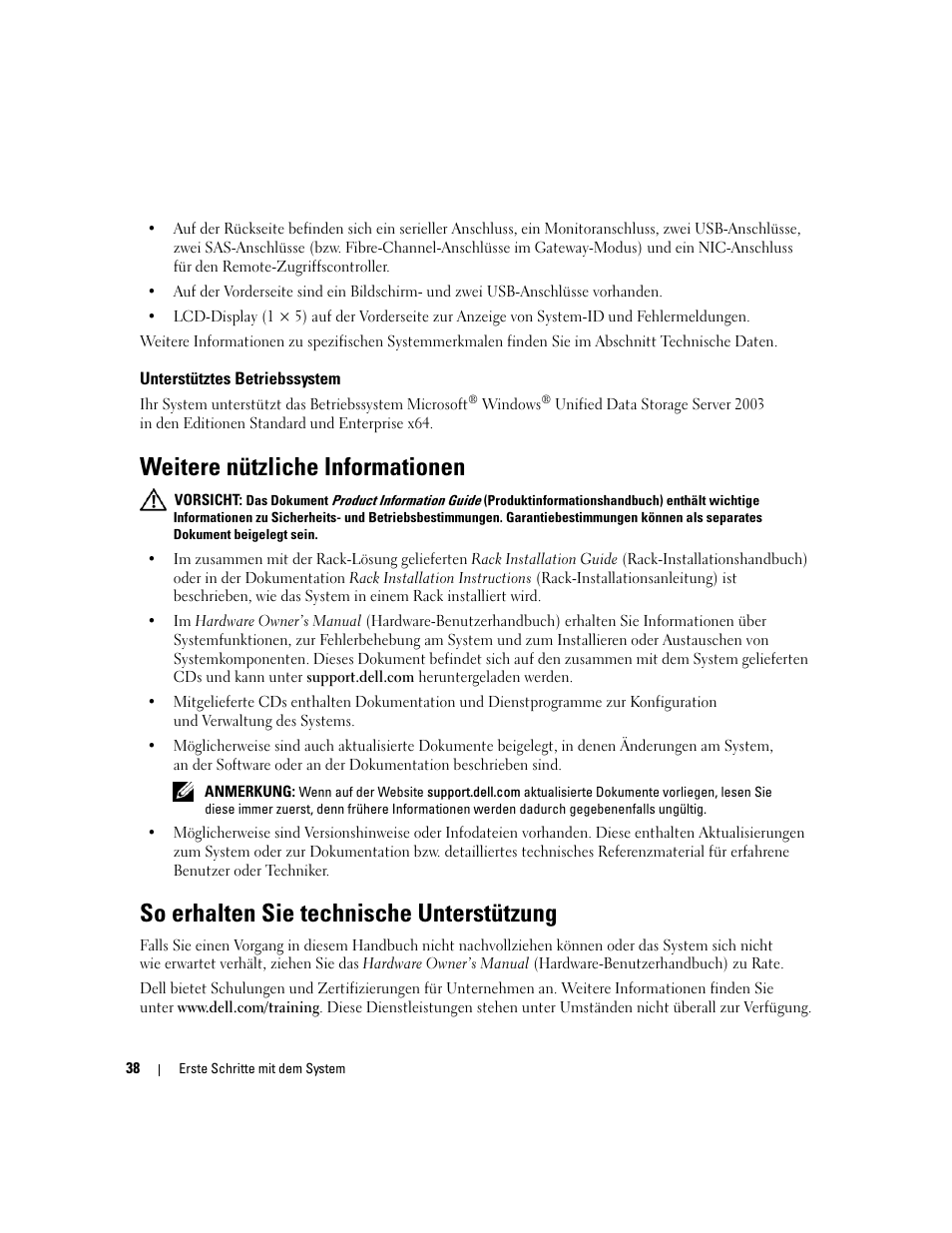 Unterstütztes betriebssystem, Weitere nützliche informationen, So erhalten sie technische unterstützung | Dell PowerVault NX1950 User Manual | Page 40 / 106