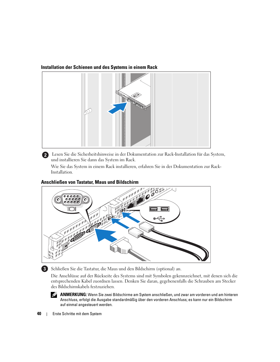 Anschließen von tastatur, maus und bildschirm | Dell PowerVault NX1950 User Manual | Page 42 / 106