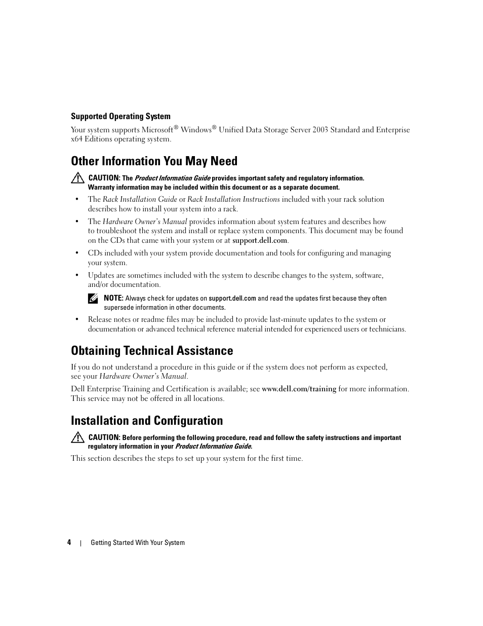 Supported operating system, Obtaining technical assistance, Installation and configuration | Other information you may need | Dell PowerVault NX1950 User Manual | Page 6 / 106