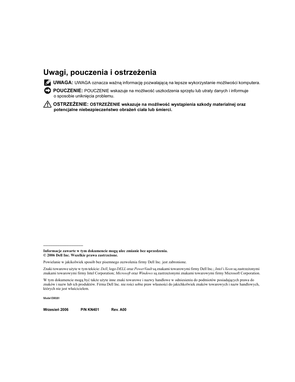 Uwagi, pouczenia i ostrzeżenia | Dell PowerVault NX1950 User Manual | Page 62 / 106