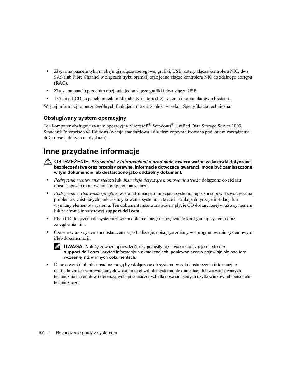 Obsługiwany system operacyjny, Inne przydatne informacje | Dell PowerVault NX1950 User Manual | Page 64 / 106