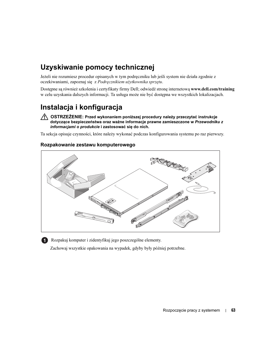 Uzyskiwanie pomocy technicznej, Instalacja i konfiguracja, Rozpakowanie zestawu komputerowego | Dell PowerVault NX1950 User Manual | Page 65 / 106