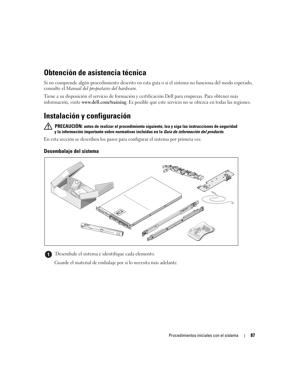 Obtención de asistencia técnica, Instalación y configuración, Desembalaje del sistema | Dell PowerVault NX1950 User Manual | Page 89 / 106