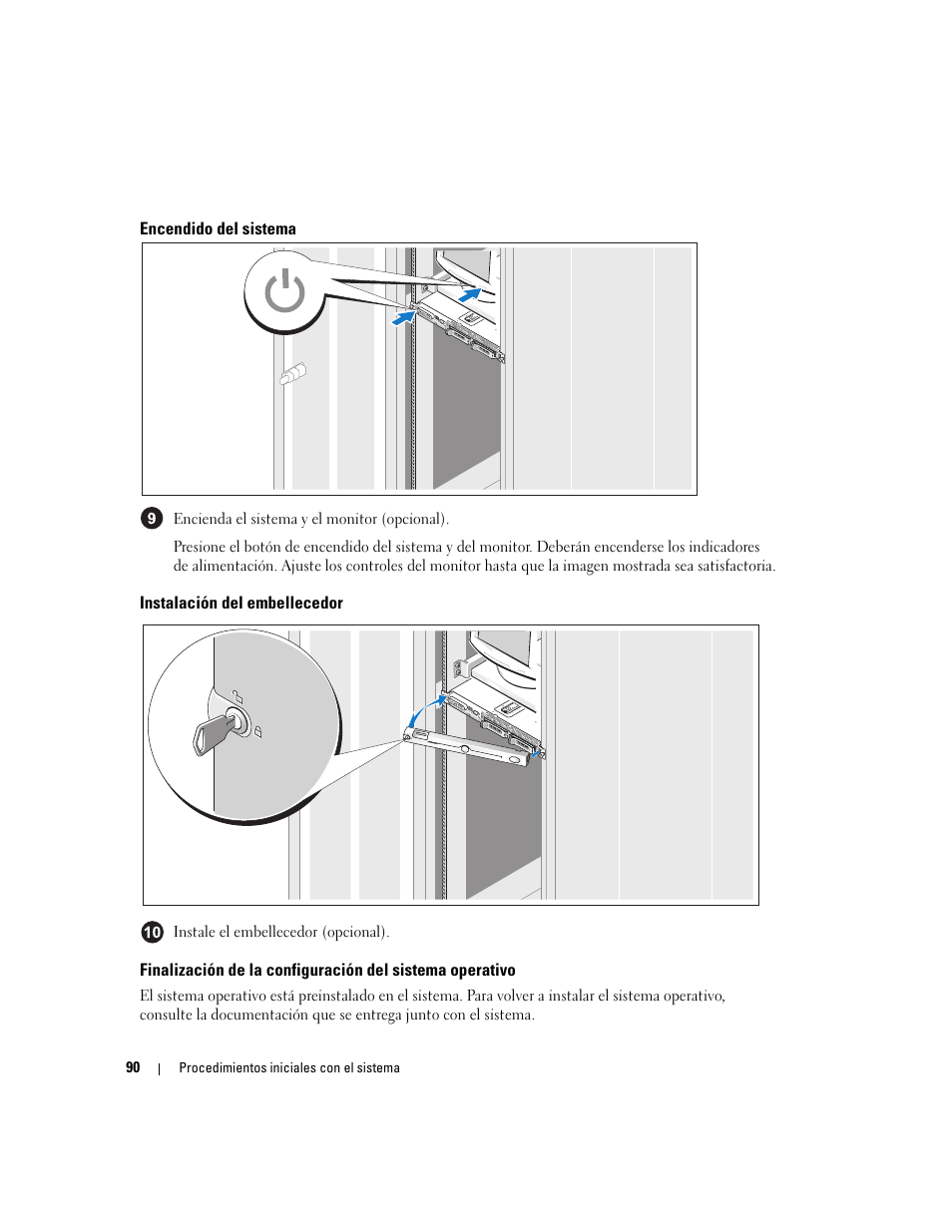 Encendido del sistema, Instalación del embellecedor | Dell PowerVault NX1950 User Manual | Page 92 / 106