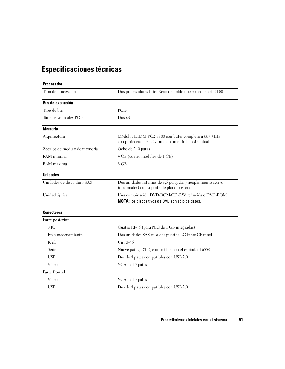 Especificaciones técnicas | Dell PowerVault NX1950 User Manual | Page 93 / 106