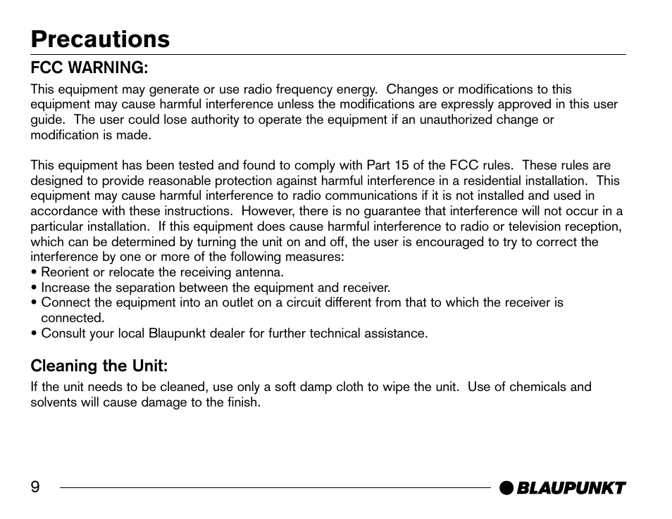 Precautions | Blaupunkt SR04 User Manual | Page 10 / 28