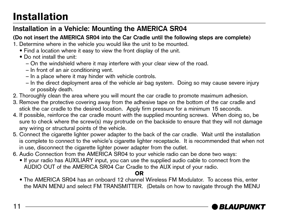 Installation | Blaupunkt SR04 User Manual | Page 12 / 28