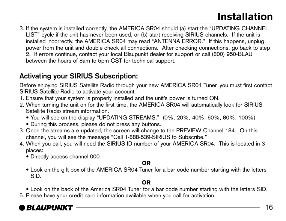 Installation, Activating your sirius subscription | Blaupunkt SR04 User Manual | Page 17 / 28