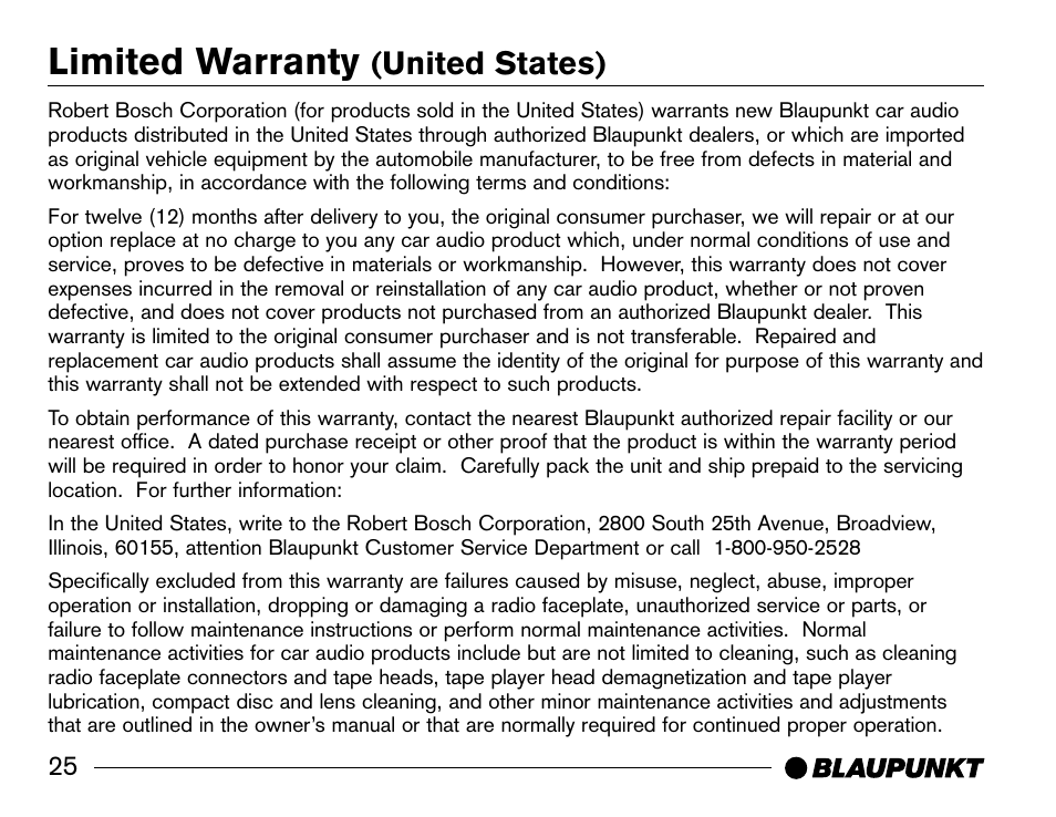 Limited warranty, United states) | Blaupunkt SR04 User Manual | Page 26 / 28