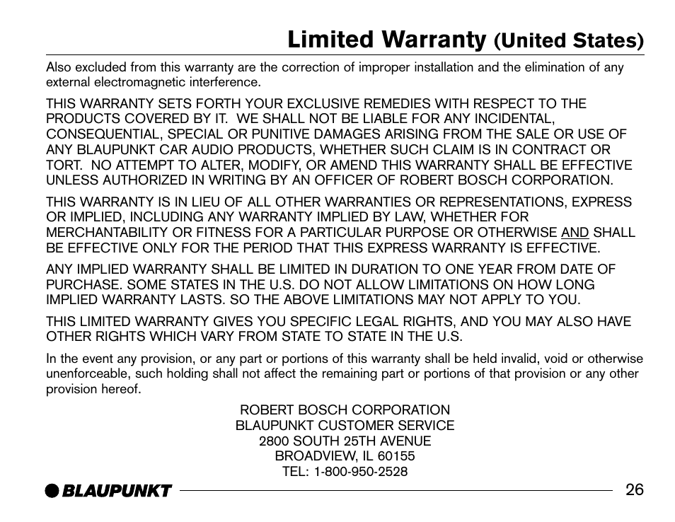 Limited warranty, United states) | Blaupunkt SR04 User Manual | Page 27 / 28